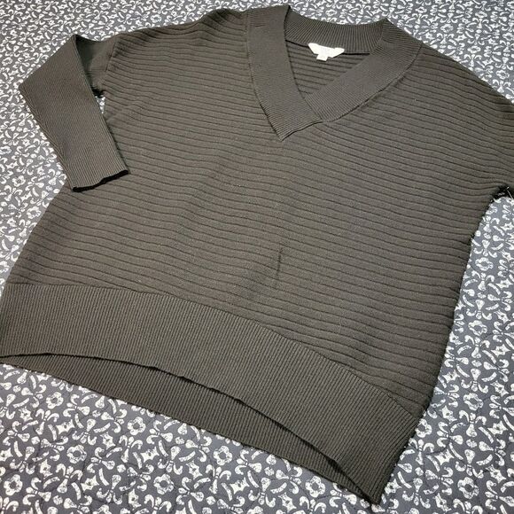Black Ribbed Oversized Loose Fit Basic Classic Casual V Neck Tunic Sweater - Picture 2 of 6